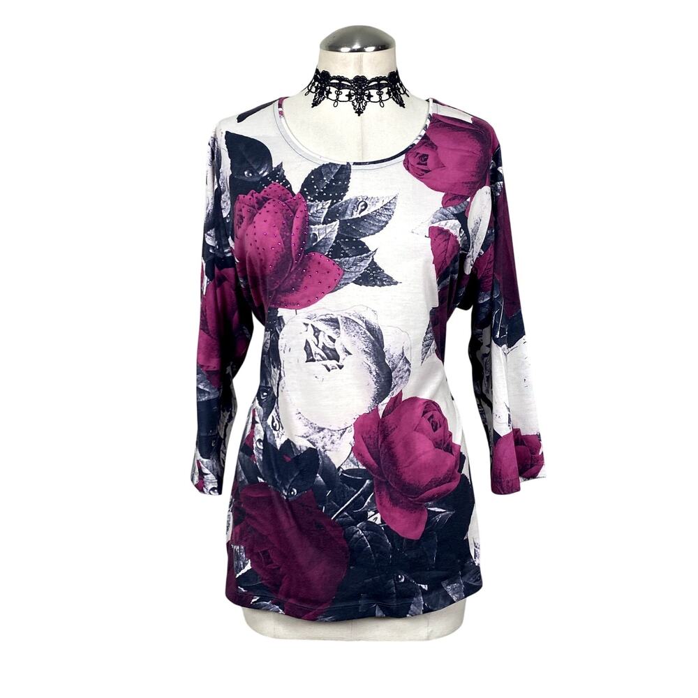 Vtg Y2K Rose Rhinestone Whimsigoth Floral Romantic Alt Emo Grunge Long Sleeve XL